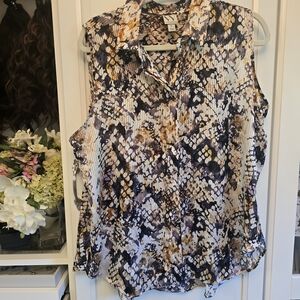 Worthington Sleeveless Printed Blouse - Navy, Cream, Gold